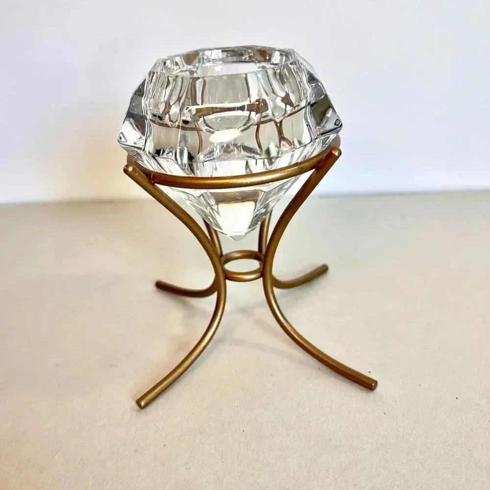 Vintage PartyLite Clear Heavy Glass Tealight Candle Holder Diamond on Gold Stand